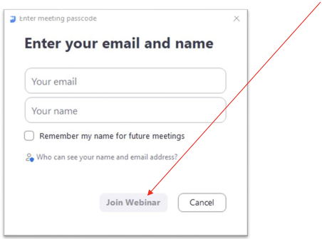 Zoom webinar join screen with fields for name and email address